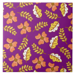 Carreau Feuilles d'automne en chute chaude avec fleurs