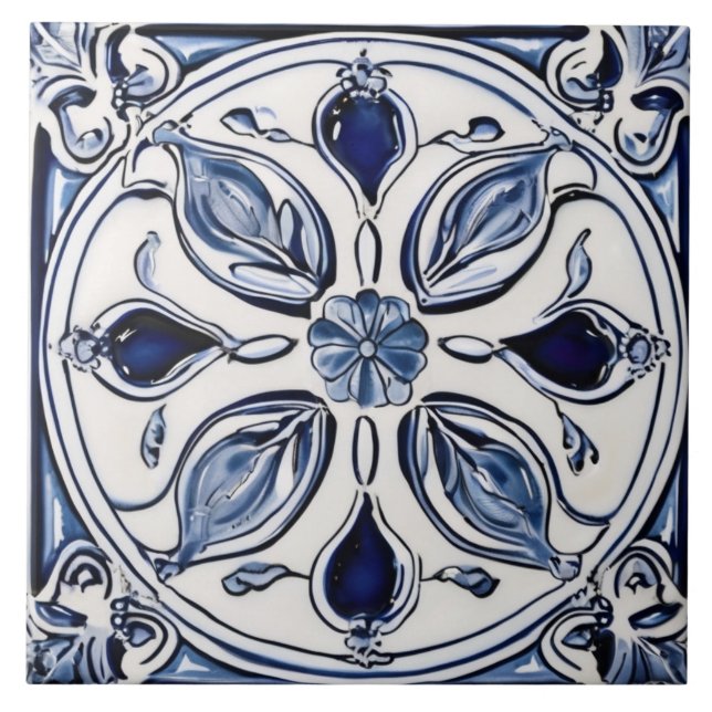 Carreau Feuilles de fleurs bleues et blanches symétriques  (Devant)