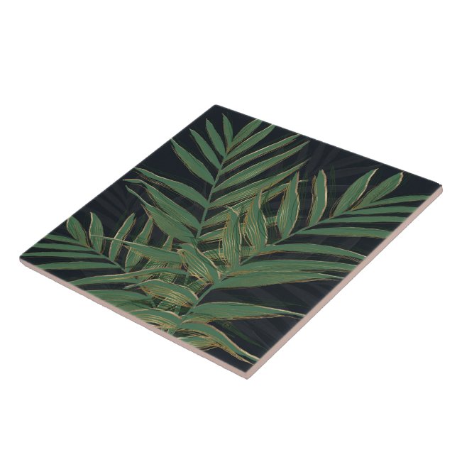Carreau Feuilles de palmier vertes tendance traits or gris (Côté)