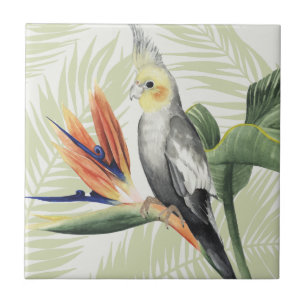 Carreau Feuilles de palmiers à oiseaux noirs