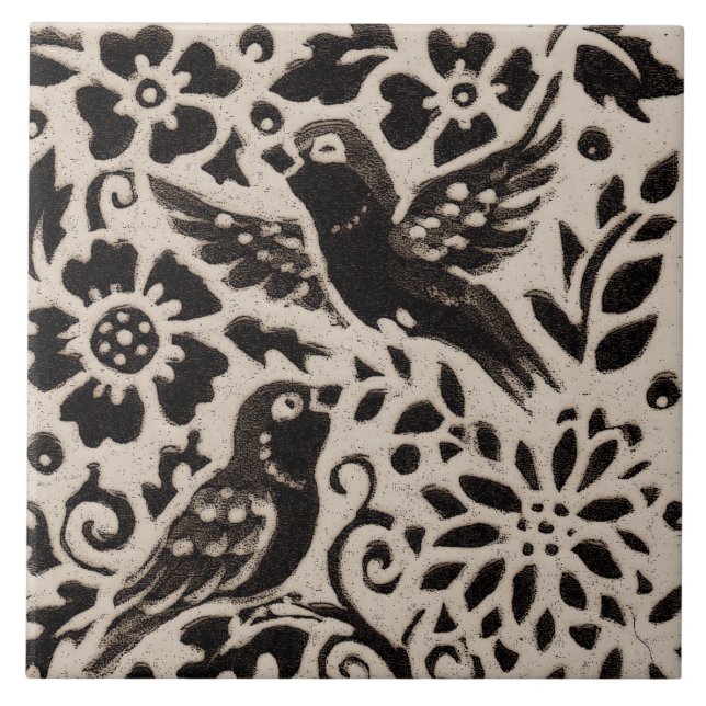 Carreau Feuilles d'oiseaux Batik Stoneware Bois Animal Tan (Devant)