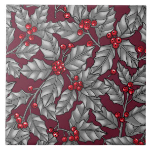 Carreau Feuilles gris sur rouge foncé
