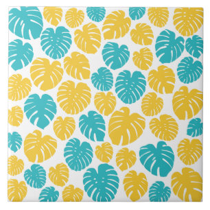 Carreau Feuilles Monstera en Turquoise, Jaune et Blanc
