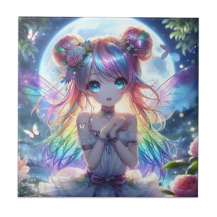 Carreau Fille Anime Cheveux Arc-en-Ciel Chantant Fée Lune