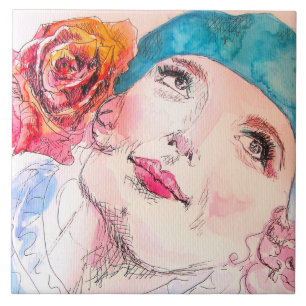 Carreau Fille avec Béret Rose Rouge Aquarelle Carte magnét
