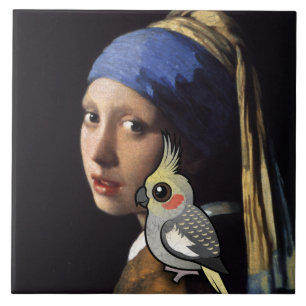 Carreau Fille avec un Cockatiel de perle