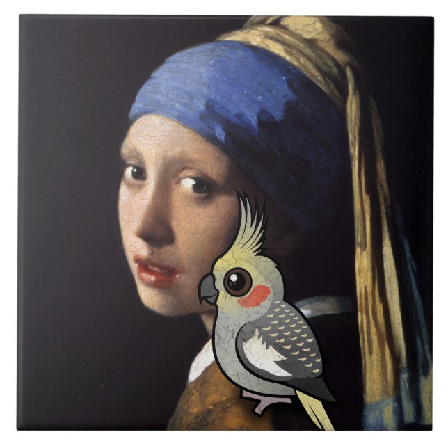 Carreau Fille avec un Cockatiel de perle (Devant)
