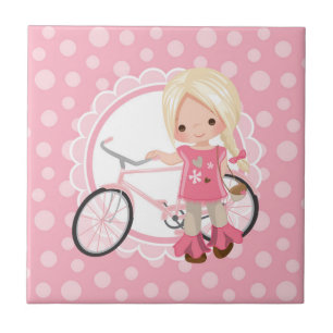 Carreau Fille blonde de bicyclette - blanc rose