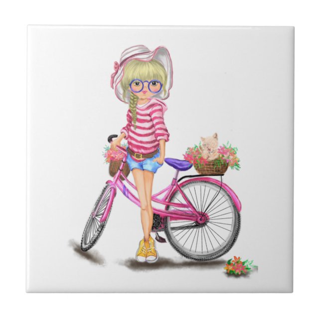 Carreau Fille Blonde mignonne avec Vélo rose et Chat en Fl (Devant)