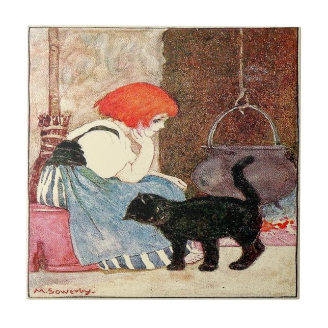 Carreau Fille Chat Noir avec Cheveux Rouge Sowerby (Devant)