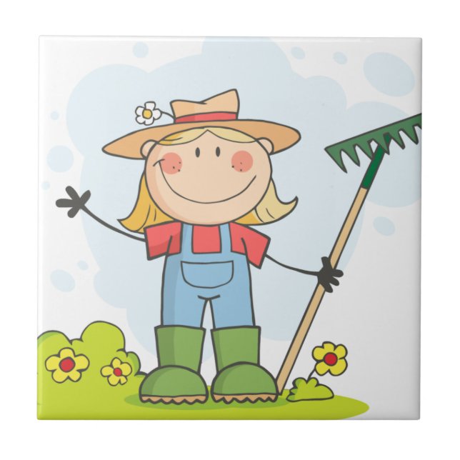 Carreau Fille d'agriculteur avec un râteau dans l'herbe (Devant)