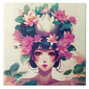 Carreau Fille d'anime couronnée de fleurs de lotus