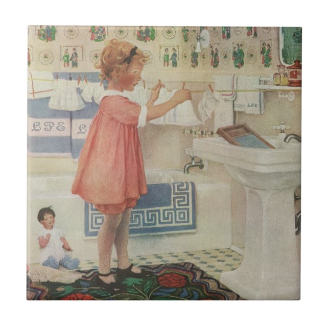 Carreau Fille d'autrefois, Enfant faisant la lessive et ét (Devant)