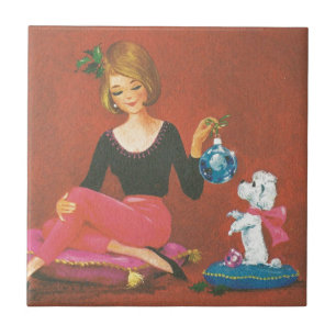 Carreau Fille De Noël Vintage Avec Poodle Français