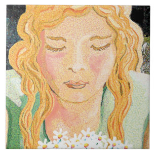 Carreau fille et marguerites