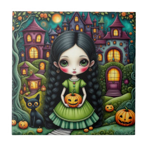 Carreau Fille gothique mignonne citrouille village Hallowe