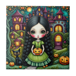 Carreau Fille gothique mignonne citrouille village Hallowe