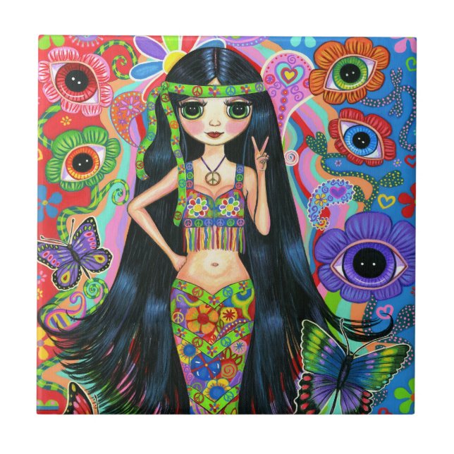 Carreau Fille hippie de sirène avec des fleurs et des (Devant)