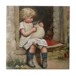 Carreau Fille jugeant le chiot mignon vintage