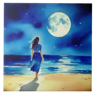 Carreau Fille sur la plage sous une Pleine lune