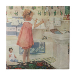 Carreau Fille Vintage, Enfant Faisant la Lessive Étendant 