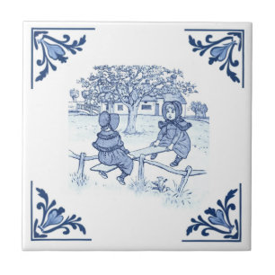 Carreau Filles vintages sur la mer Delft Corner Bleu & Bla