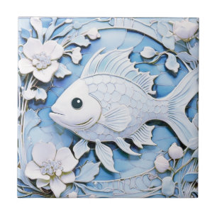 Carreau Fish Art Nouveau Faux Relief Blue Sea Life
