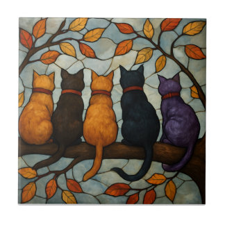 Carreau Five Cats on a Tree Branch Stained Glass Style
