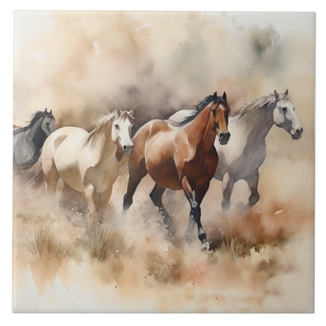 Carreau "Five Gallopoping Mustangs" Dusty Western Watercol (Devant)