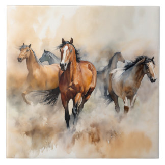Carreau "Five Wild Mustangs" Aquarelle Occidentale Dusty