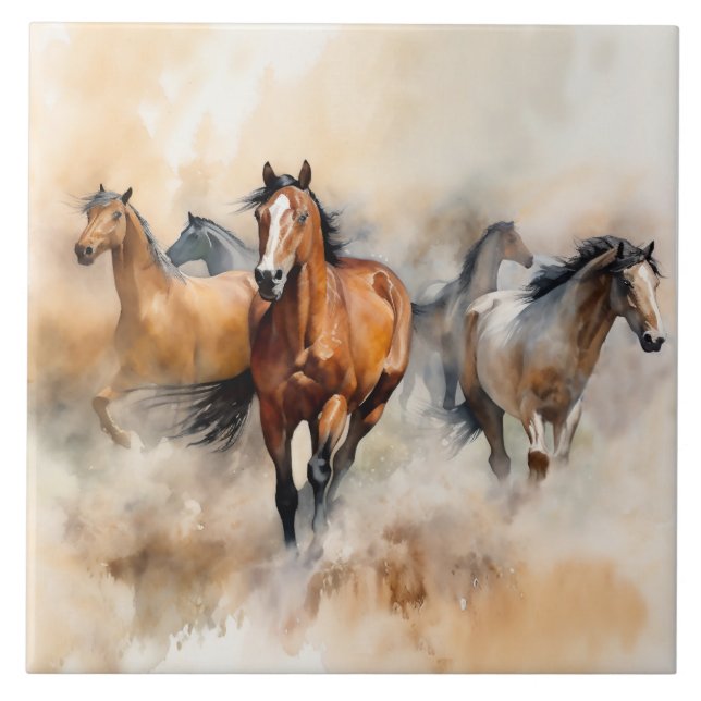 Carreau "Five Wild Mustangs" Aquarelle Occidentale Dusty (Devant)