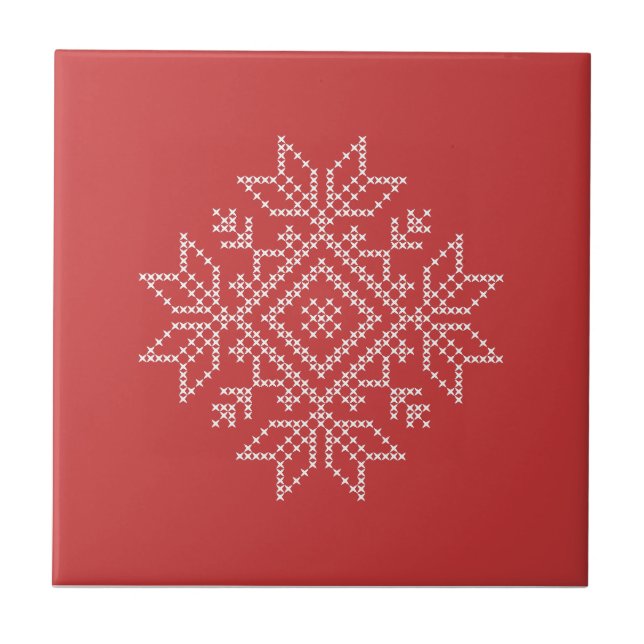 Carreau Flacon de neige tricoté rouge de noël art nordique (Devant)