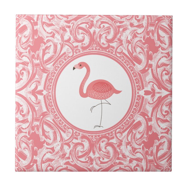 Carreau Flamant rose Rose Avec Fils Floraux Rose Et Blanc (Devant)