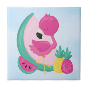 Carreau Flamant rose rose avec pastèque et ananas