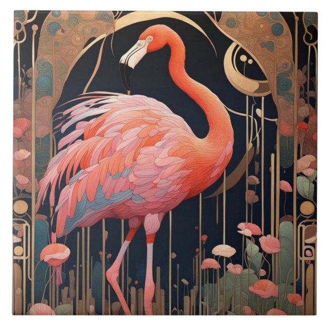Carreau Flamant rose rose Oiseau Art déco Art Nouveau (Devant)