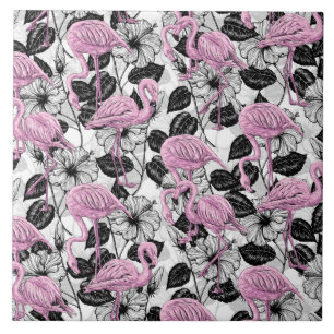Carreau Flamants roses et fleurs d'hibiscus