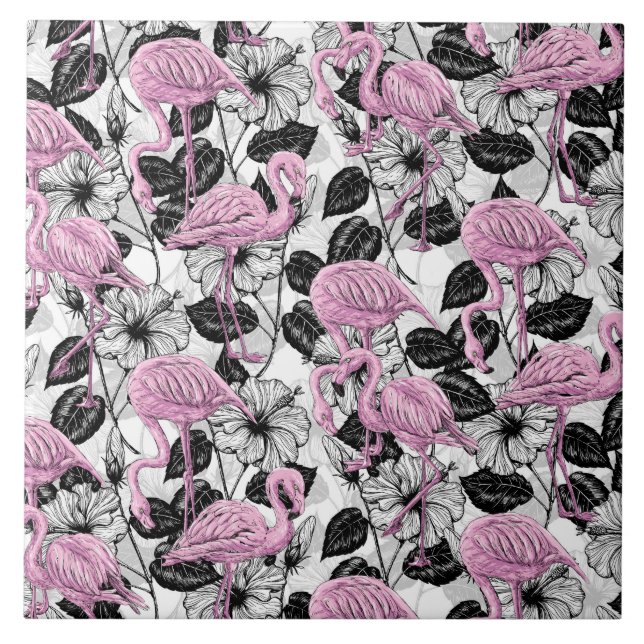 Carreau Flamants roses et fleurs d'hibiscus (Devant)