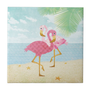 Carreau Flamants roses roses d'aquarelle sur la plage