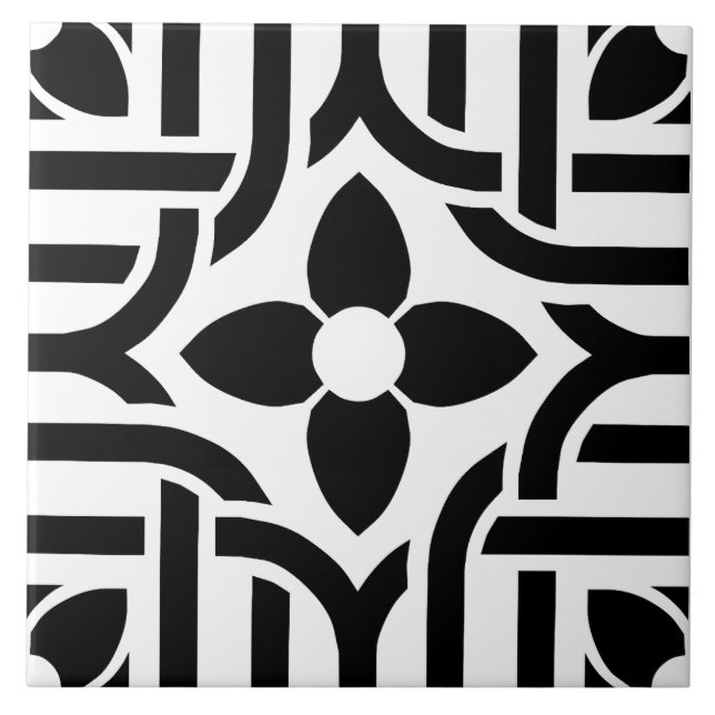 Carreau Fleur abstraite élégante noir et blanc (Devant)