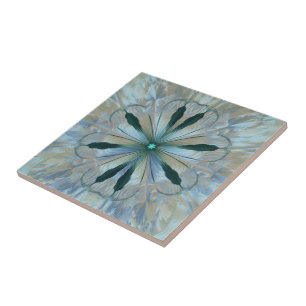 Carreau Fleur Abstraite Fractée Turquoise Blanc Bleu Gris