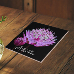 Carreau Fleur d'Astrantia rose sur fond noir floral