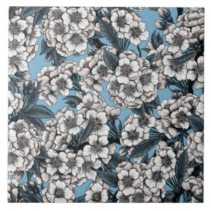 Carreau Fleur de cerisiers en blanc et bleu