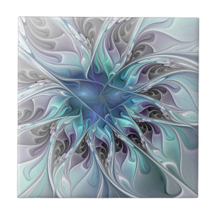 Carreau Fleur de fractale moderne abstraite avec du bleu