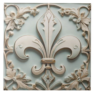 Carreau Fleur de Lis Antique Pastel Lumière Mint Faux Reli