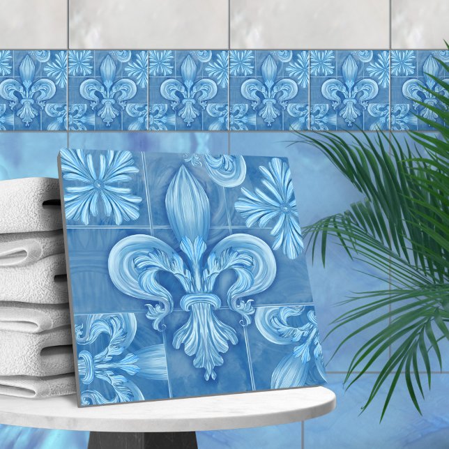 Carreau Fleur-de-lis - aquarelle bleu doux (Créateur téléchargé)