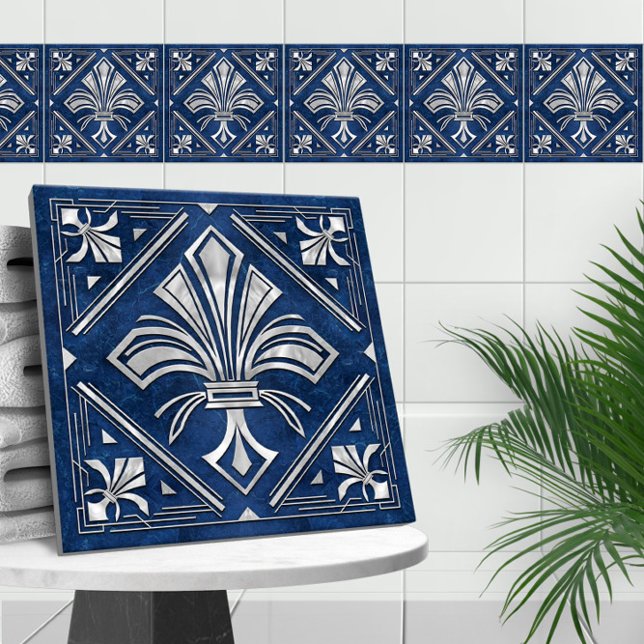 Carreau Fleur de lis Art déco - marbre bleu et perle (Créateur téléchargé)