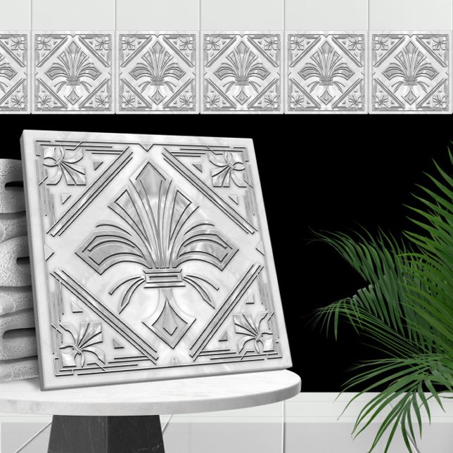 Carreau Fleur de lis Art déco - perle de marbre blanc (Créateur téléchargé)