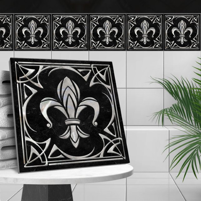 Carreau Fleur-De-Lis - Art Nouveau -Marbre noir et perle (Créateur téléchargé)