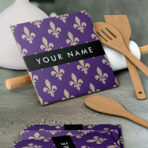 Fleur de Lis, Beige sur Violet, Royal, Votre Nom