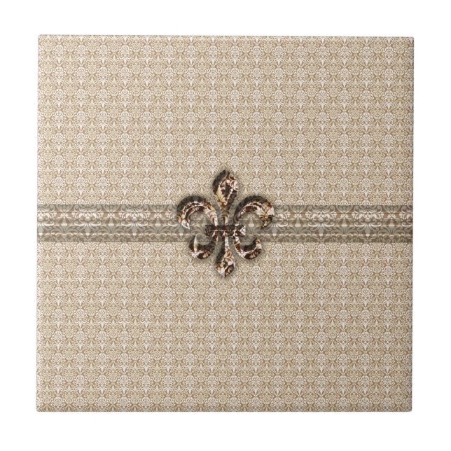 Carreau Fleur de Lis d'or avec motif Damas de crème (Devant)